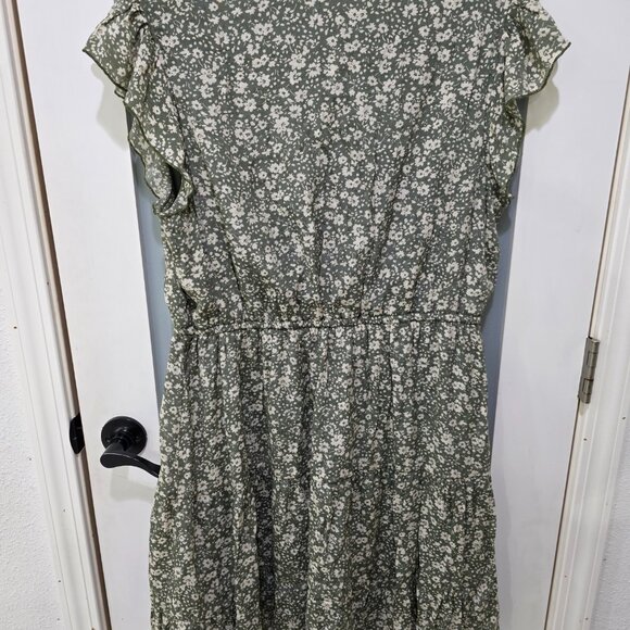 Indigo Rose Green Floral Print V-Neck Dress Midi Ruffle Cap Sleeve Elastic Waist - Picture 7 of 8